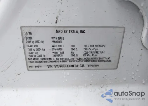 2021 Tesla Model Y Long Range Dual Motor All-Wheel Drive z USA, uszkodzony, nr VIN 5YJYGDEE4MF081036